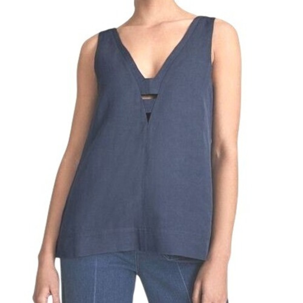 REISS Emi V Neck Shell Top Mid Blue Linen Blend Size 8 NWT Sleeveless Blouse